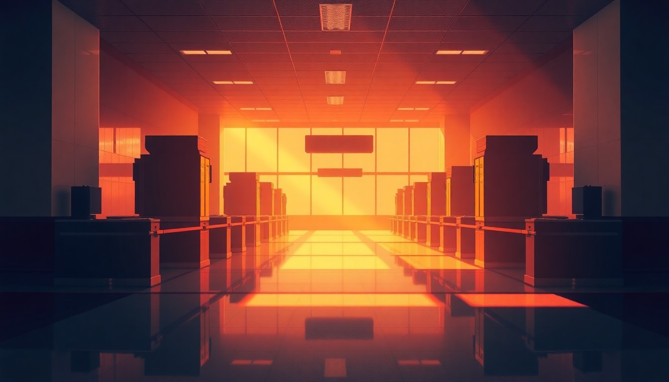 A serene, photorealistic painting of an empty airport security checkpoint, with warm sunlight streaming in through the windows and long shadows cast across the floor, conveying a sense of quiet contemplation about the future of transportation security.