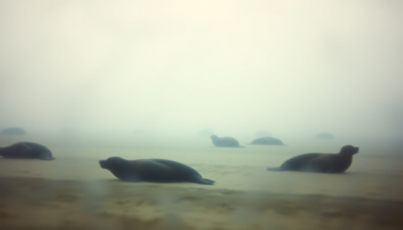 An impressionistic, out-of-focus photograph in soft, warm tones depicting the silhouettes of harbor seals resting on a sandy beach, conceptually representing the fragile habitat of this coastal wildlife colony.