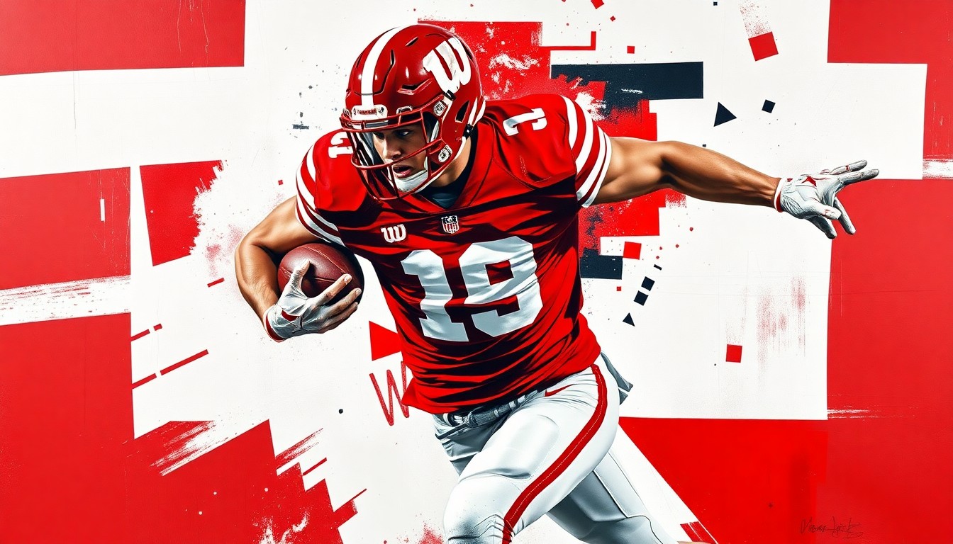 A fragmented, cubist-style painting depicting a Wisconsin football player in motion, with sharp, overlapping shapes in the team's cardinal and white colors.