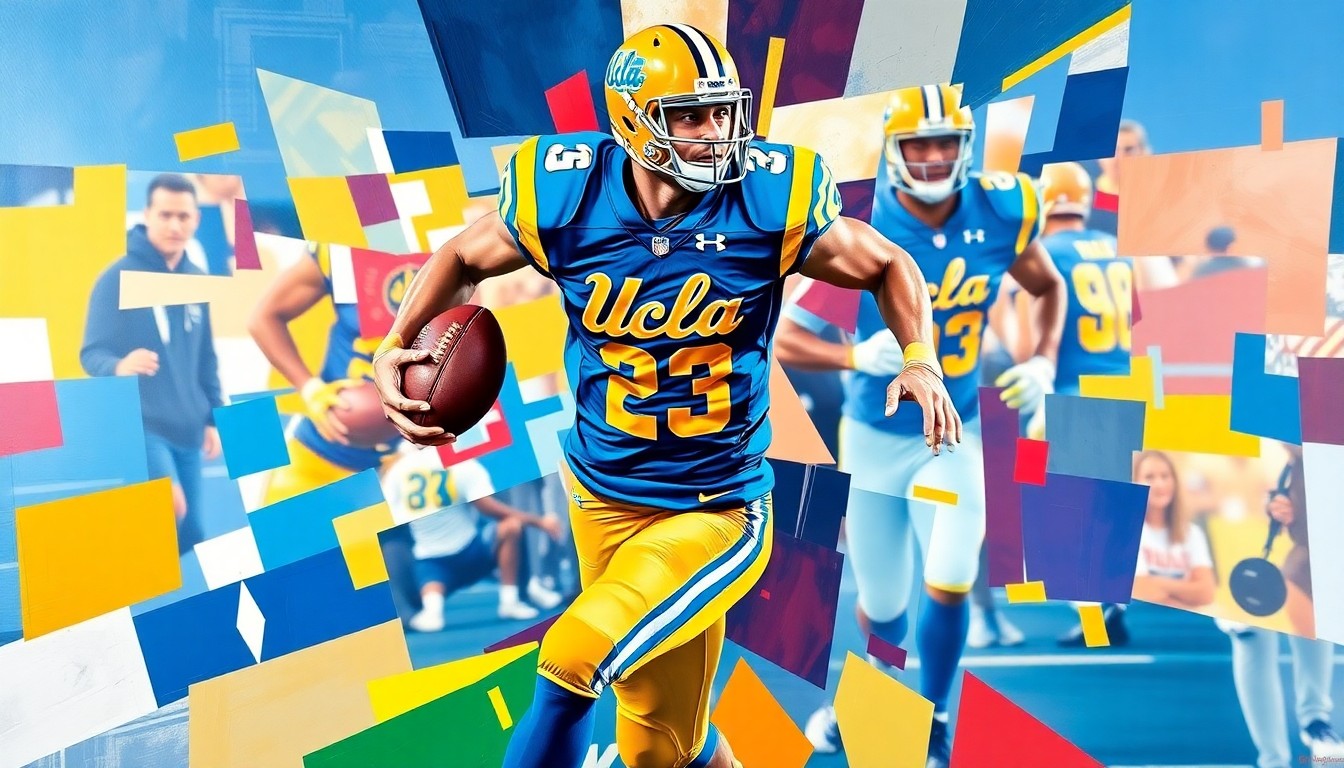 A fragmented, geometric painting in bold blues and golds depicting a football player in mid-motion, representing the dynamic nature of a top recruit's visit to UCLA's spring practice.