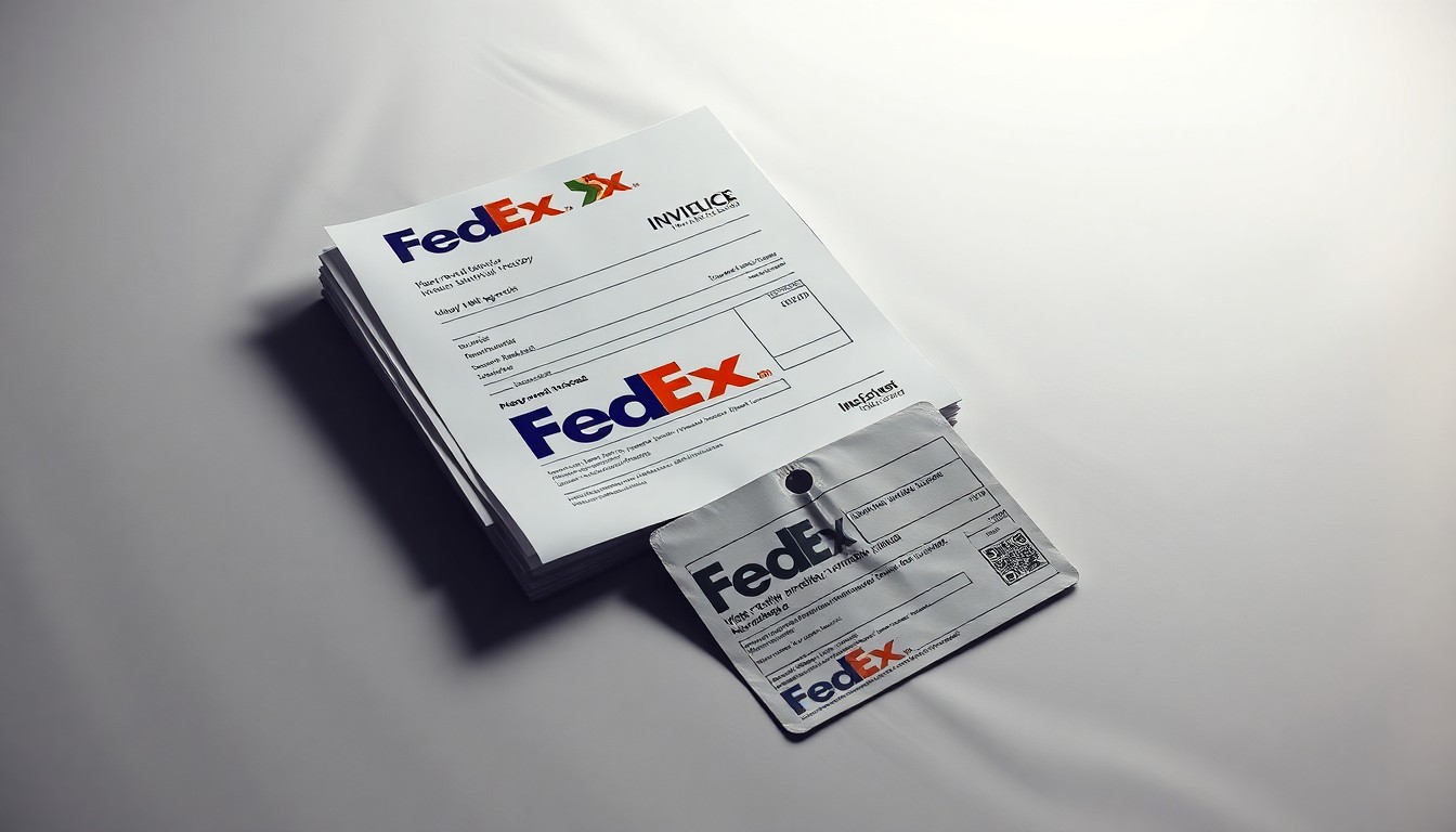 A high-end, photorealistic studio still-life photograph featuring a stack of unpaid FedEx shipping invoices and a broken FedEx delivery label, arranged elegantly on a clean, monochromatic seamless background. The objects use sharp, dramatic studio lighting and deep shadows to represent the abstract corporate tensions and financial disputes.