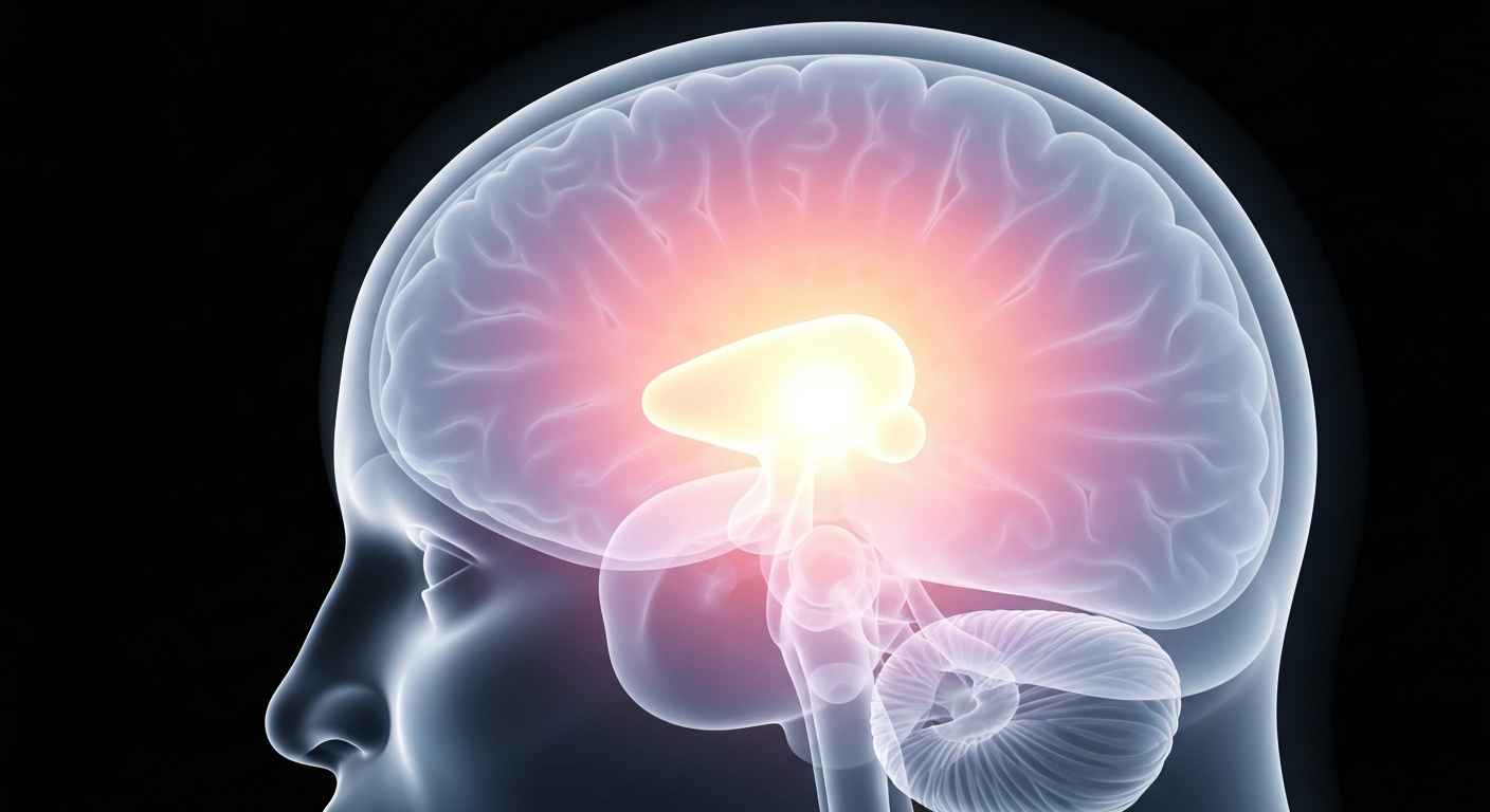 A translucent, ghostly X-ray image of a human brain, with the thalamus region glowing brightly, conceptually representing the precision of the focused ultrasound treatment for essential tremors.