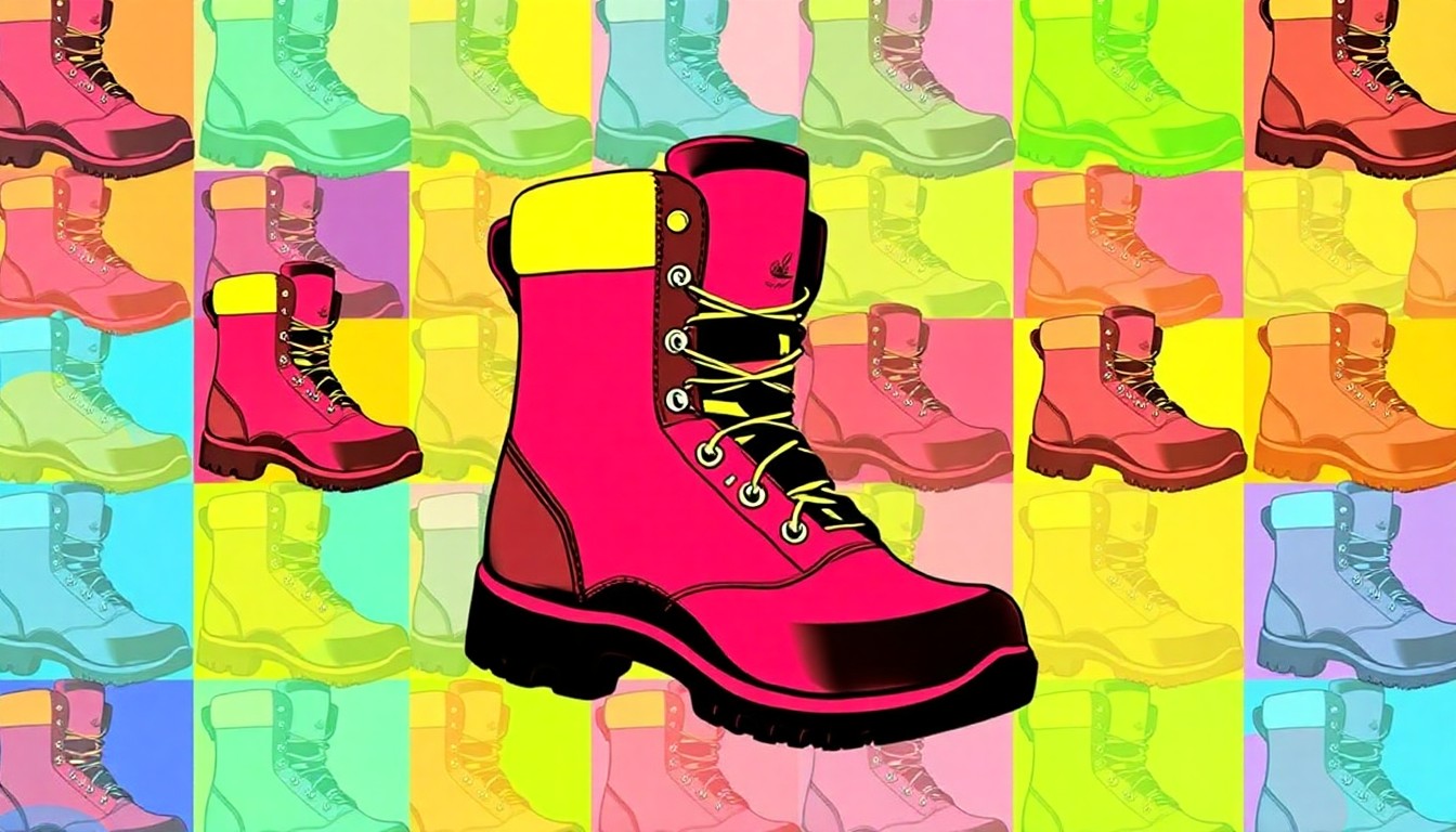 A bold, abstract silkscreen print featuring a repeated pattern of a single L.L. Bean hiking boot in a grid, using a high-contrast color palette of neon greens, blues, and oranges to transform the everyday product into a modern pop art piece.