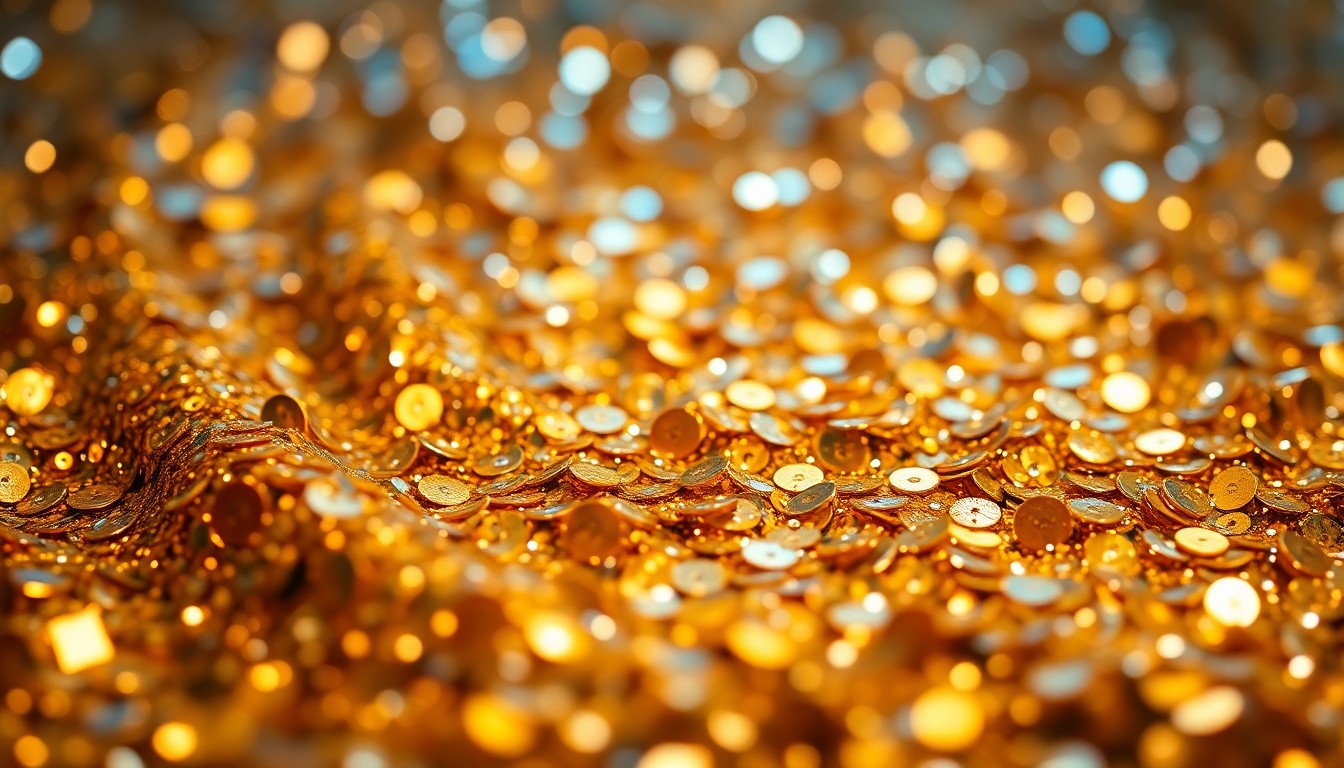 An extreme close-up photograph of shimmering gold and silver sequins, capturing the high-fashion, high-contrast aesthetic of celebrity culture.