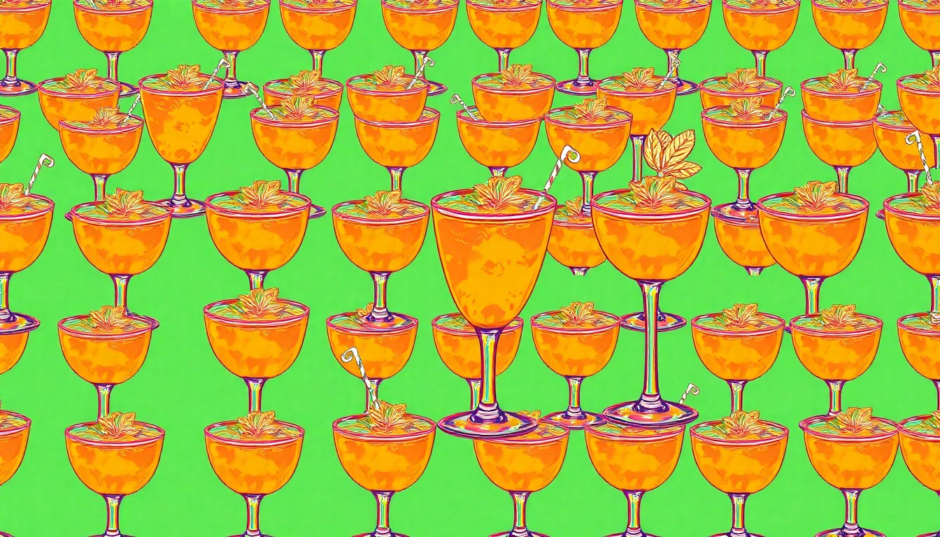 A vibrant, pop art-inspired illustration featuring a repeated pattern of mint julep glasses in bold, neon colors, capturing the celebratory mood of the Derby Day rooftop event at the Grand Bohemian Hotel.