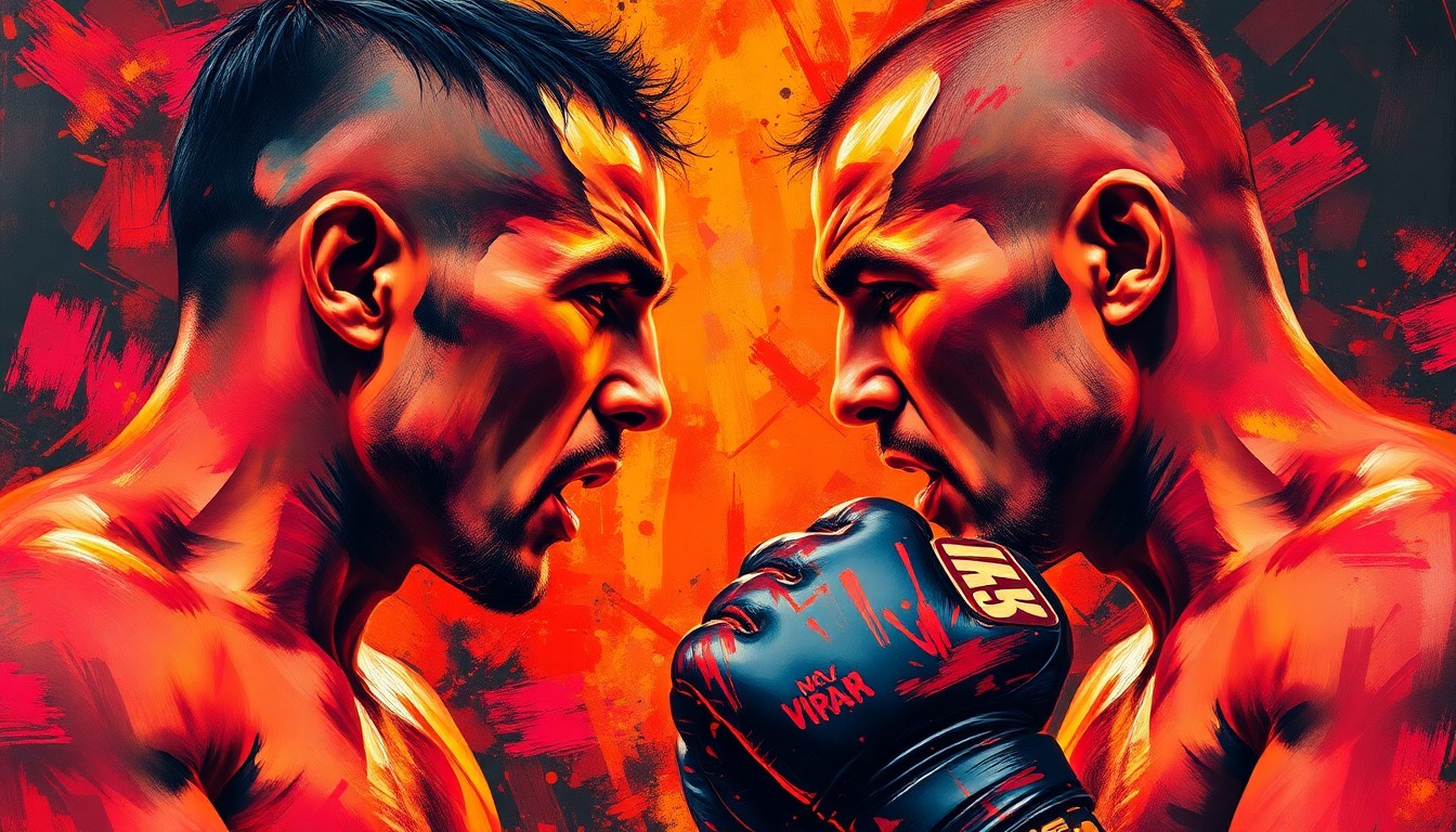 An abstract, neon-colored painting depicting two MMA fighters in an intense, dynamic faceoff, their faces and bodies dissolving into vibrant brushstrokes of vivid reds, oranges, and yellows.