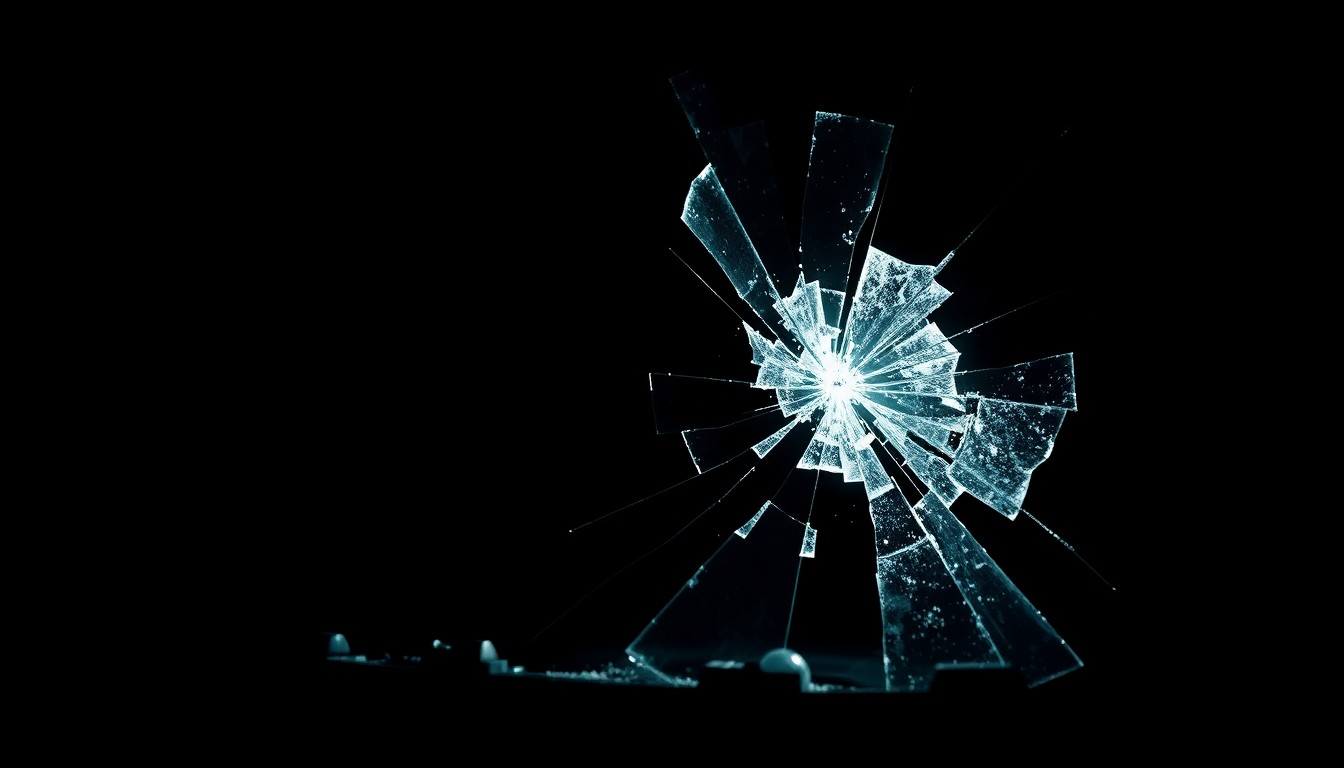 An extreme close-up photograph of shattered glass, capturing the stark and gritty aftermath of a violent incident.