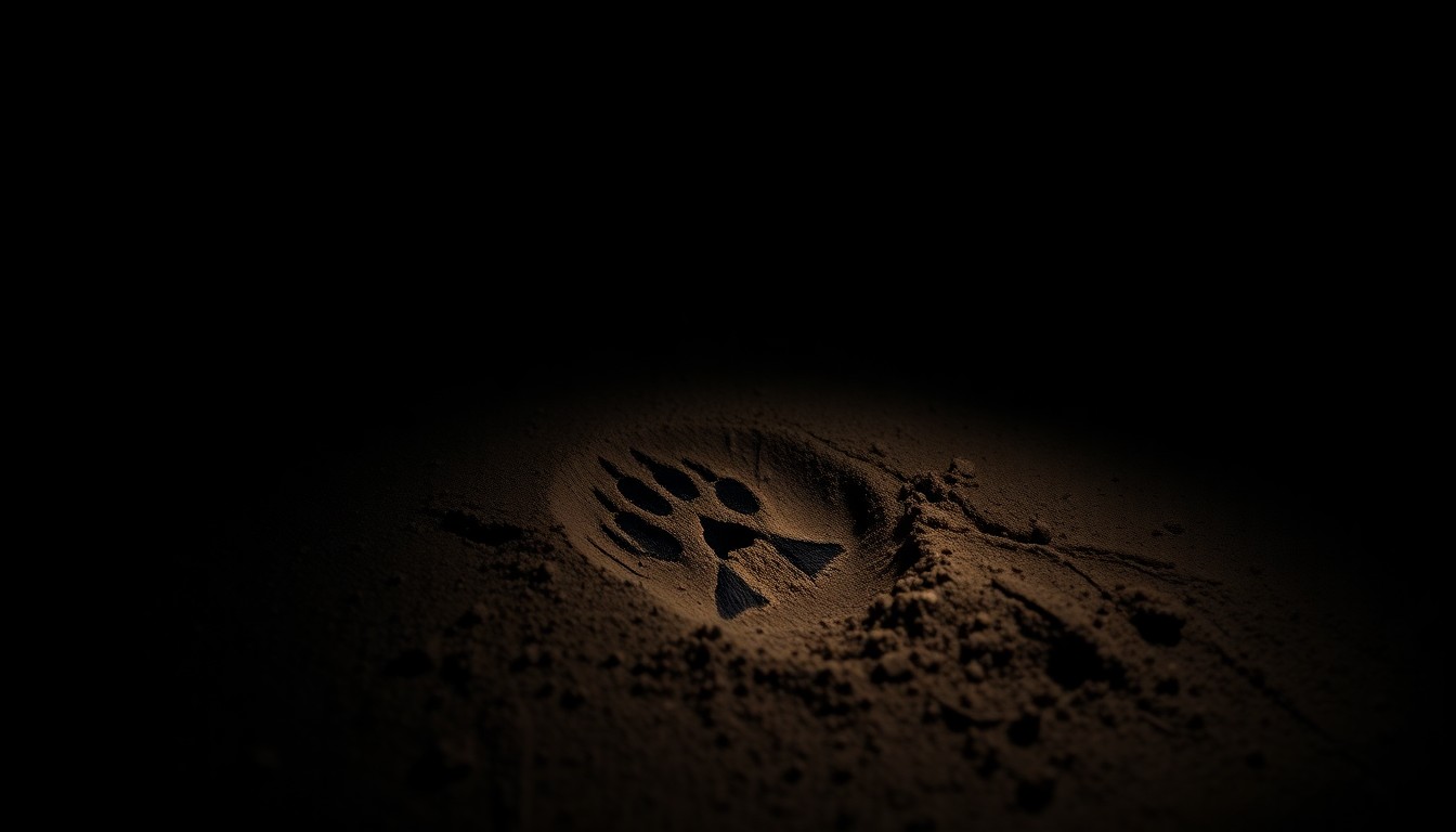 An extreme close-up photograph of a coyote's paw print in the dirt, captured with a harsh, direct camera flash against a pitch-black background, conveying a stark, gritty, and investigative aesthetic.