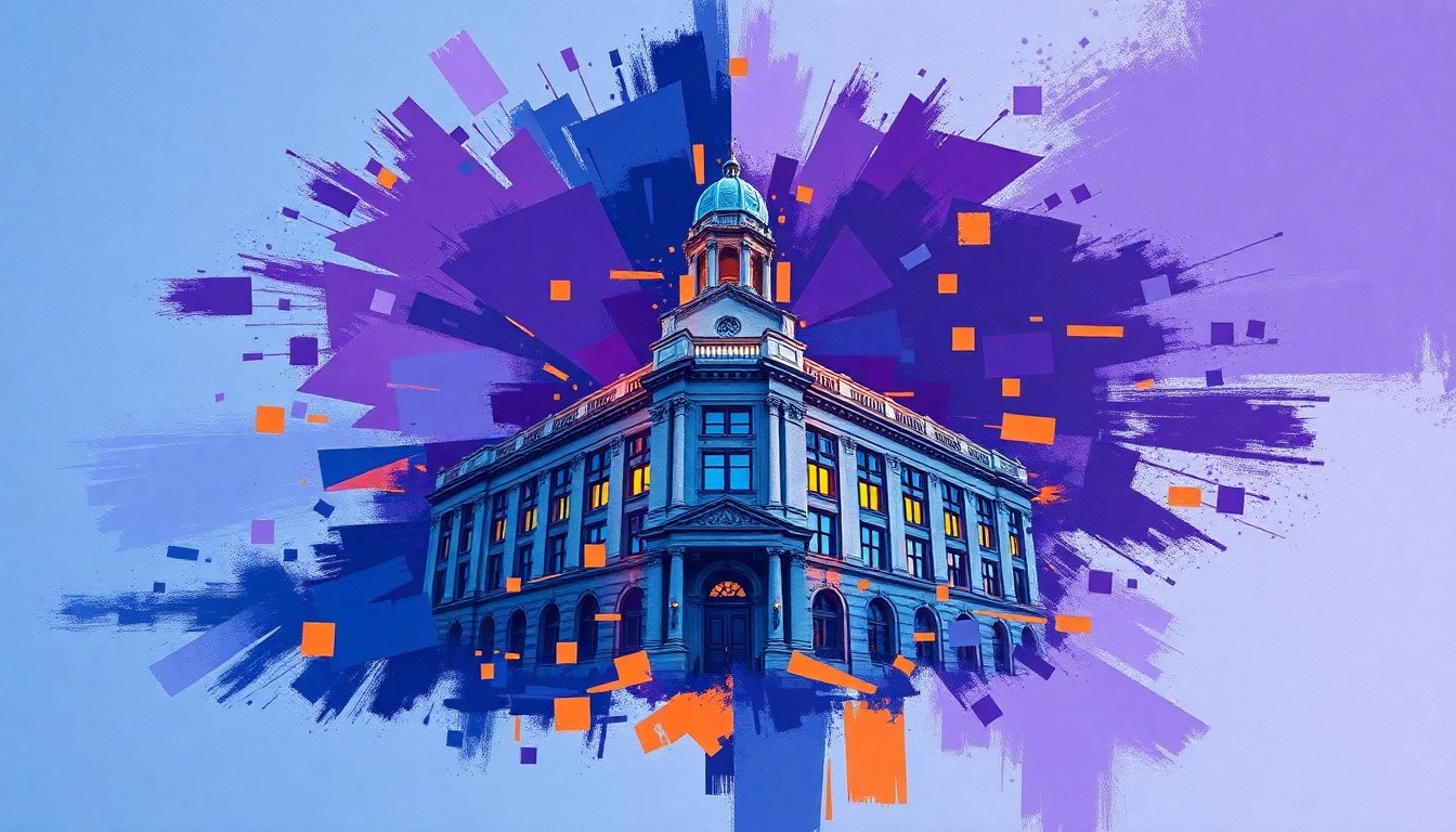A dynamic, abstract painting in shades of blue, purple, and orange, depicting the Newark City Hall building in a state of fragmentation and motion, conveying the turbulent energy of the city's upcoming municipal election.