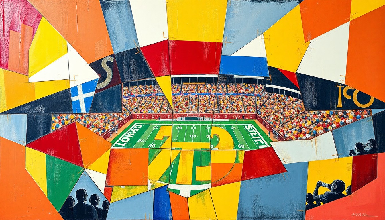 A cubist, geometric painting depicting an abstract football game, with overlapping shapes and planes in the team colors of crimson, gold, and blue, conveying the energy and intensity of the Turkey Day Classic rivalry.