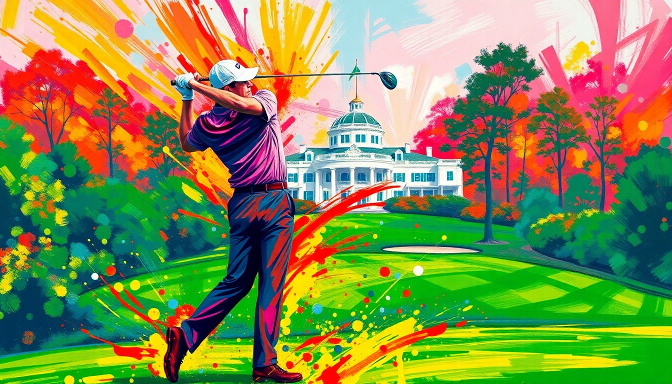 An abstract, expressionist painting featuring a golfer mid-swing, with the iconic Augusta National clubhouse and trees rendered in a blur of vibrant neon colors and rapid brushstrokes.