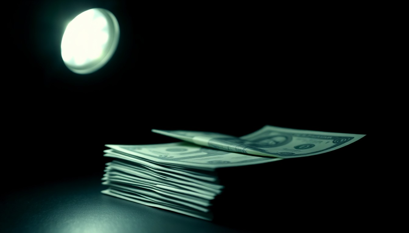 An extreme close-up of crumpled cash and financial documents, conceptually illustrating an investigation into alleged financial misdeeds at a nonprofit organization.