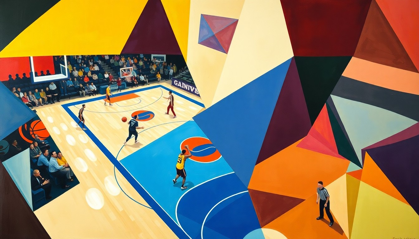 A cubist, fragmented painting depicting a college basketball game, with the players and court broken down into sharp, overlapping geometric shapes in vibrant colors, conveying the dynamic energy and tactical intricacies of the sport.