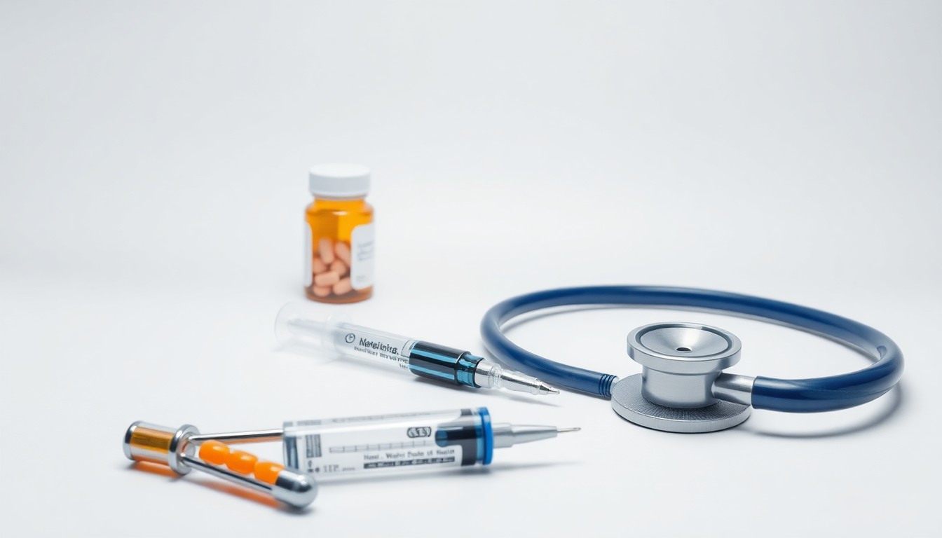 A minimalist studio still life photograph featuring a stack of pharmaceutical pill bottles, a syringe, and a medical stethoscope arranged elegantly on a clean, white background, conceptually representing the clinical development of new drugs.