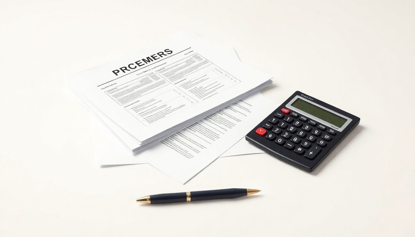 A minimalist studio still life photograph featuring a stack of medical documents, a calculator, and a pen arranged on a clean white background, conceptually representing the financial challenges facing the biopharmaceutical company.