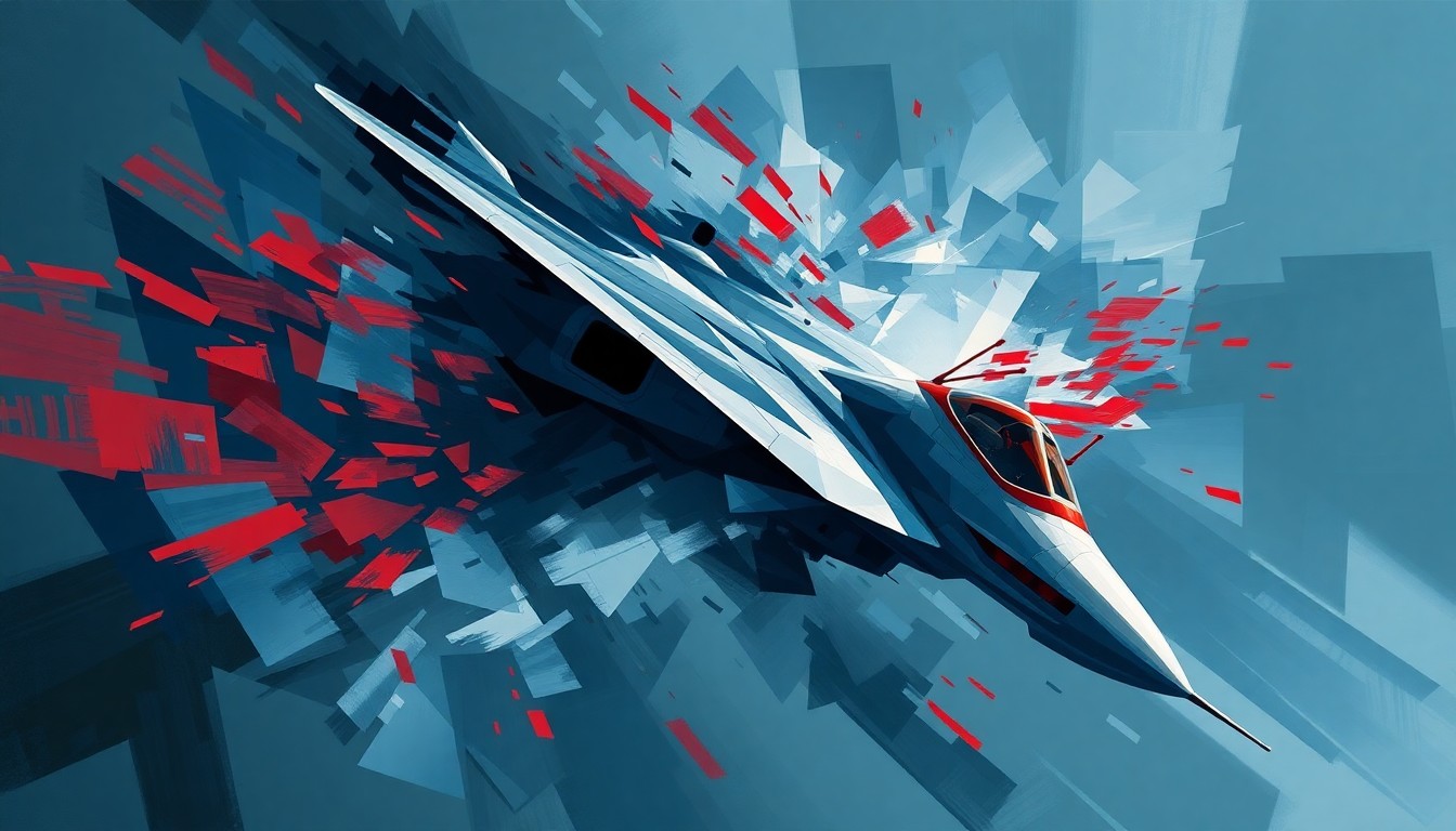 A fractured, abstract painting depicting a fighter jet in mid-flight, with overlapping geometric shapes and waves of color in shades of navy, grey, and red, conveying a sense of speed, power, and the chaos of aerial combat.