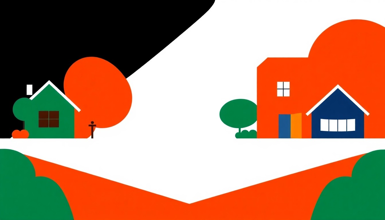 A vibrant abstract illustration using bold geometric shapes and primary colors to conceptually represent the rapid rise in home prices in Lafayette Parish, Louisiana.