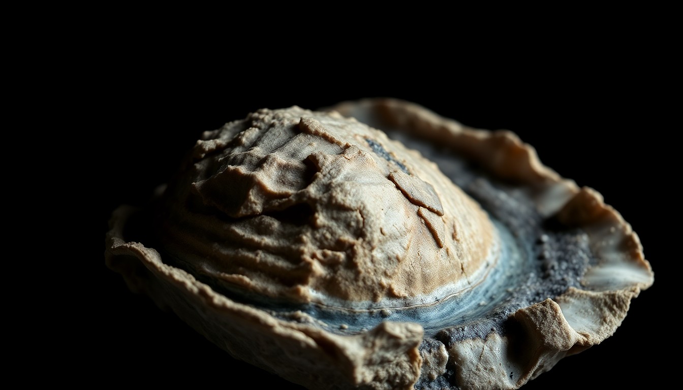 An abstract close-up photograph of a weathered, textured oyster shell, capturing the natural beauty and tactile qualities of the Louisiana Gulf Coast through dramatic studio lighting.