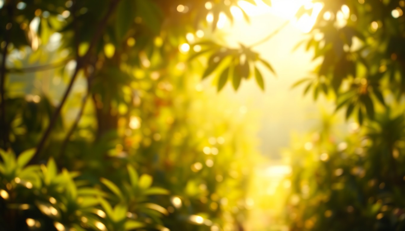 An extremely abstracted, out-of-focus photograph in warm, hazy tones depicting a lush, verdant garden with sunlight filtering through the leaves, creating a dreamlike, serene atmosphere that captures the essence of Shari Laine Cable's love for the outdoors.