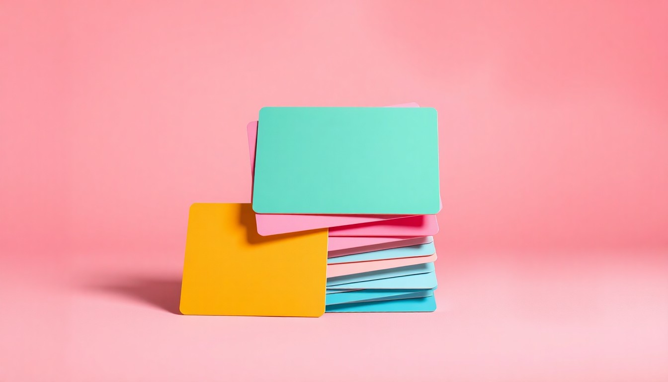 A high-end, photorealistic studio still-life photograph featuring a stack of colorful, modern gift cards in various pastel shades, arranged elegantly on a clean, monochromatic seamless background, representing the transition from paper to digital gift cards.