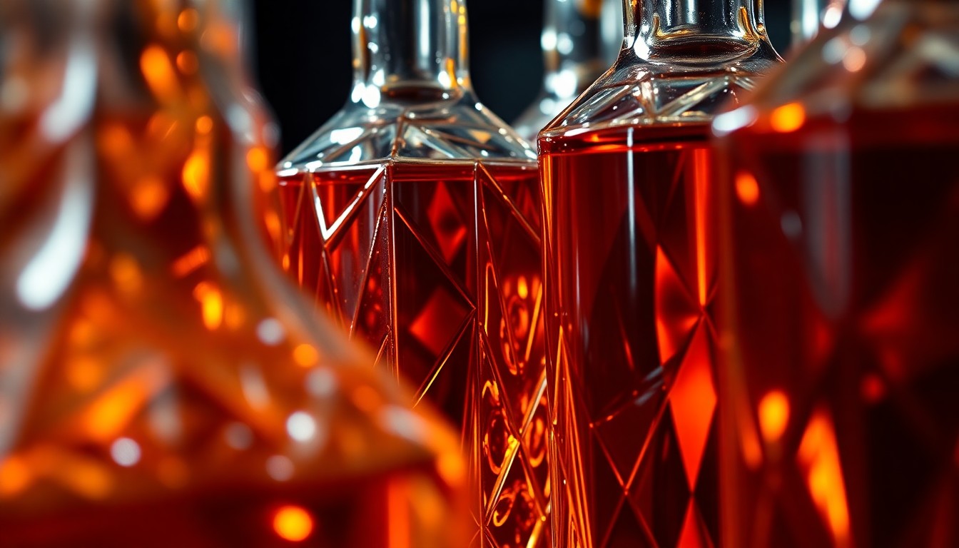 An abstract close-up photograph of several glass bottles filled with amber-colored liquid, their surfaces reflecting dramatic studio lighting to create a high-end, glamorous aesthetic.