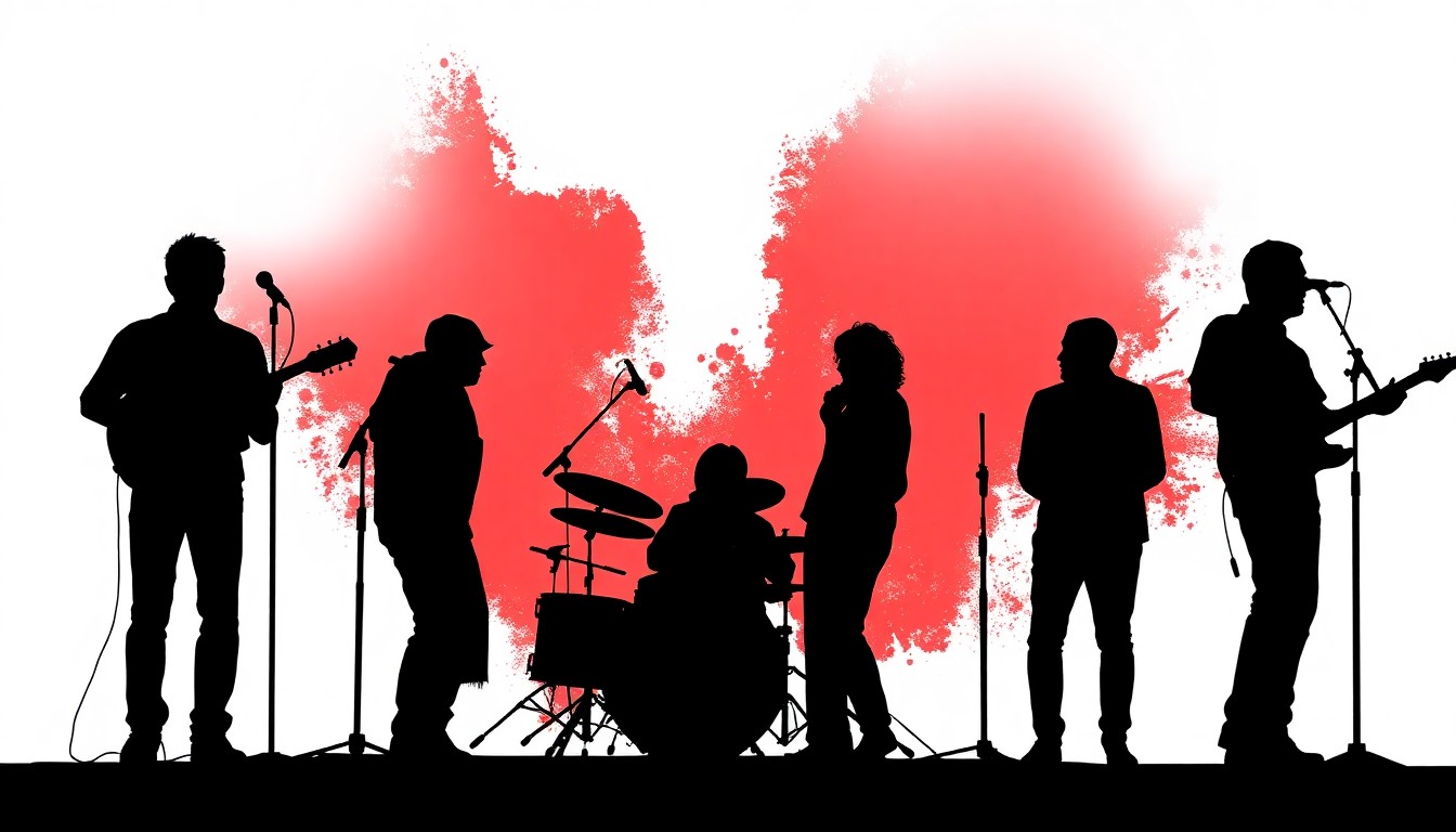 A minimalist, abstract illustration using bold black silhouettes and high-contrast red and white shapes to represent the emotional energy of a live music performance.