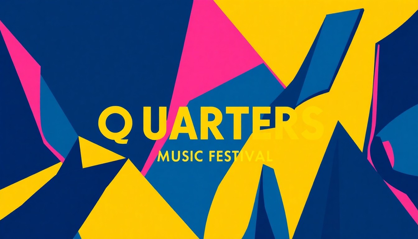 An abstract, minimalist illustration featuring sharp, angular shapes in a bold color palette, conveying the high-energy and diverse musical performances of the Quarters Music Festival.