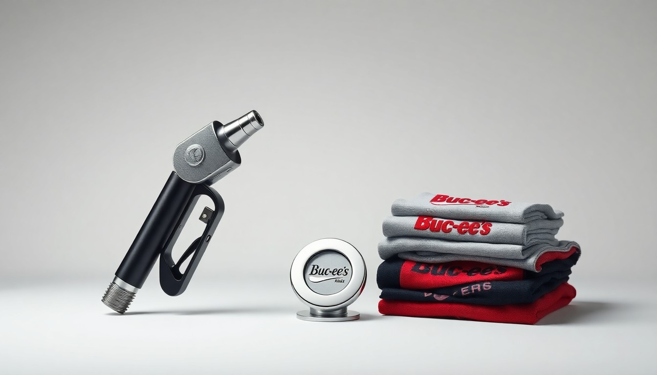 A close-up of a shiny, chrome gas pump nozzle and fuel cap, along with a stack of Buc-ee's branded merchandise, arranged elegantly against a clean, monochromatic background to represent the premium, polished experience of the new Buc-ee's travel center.