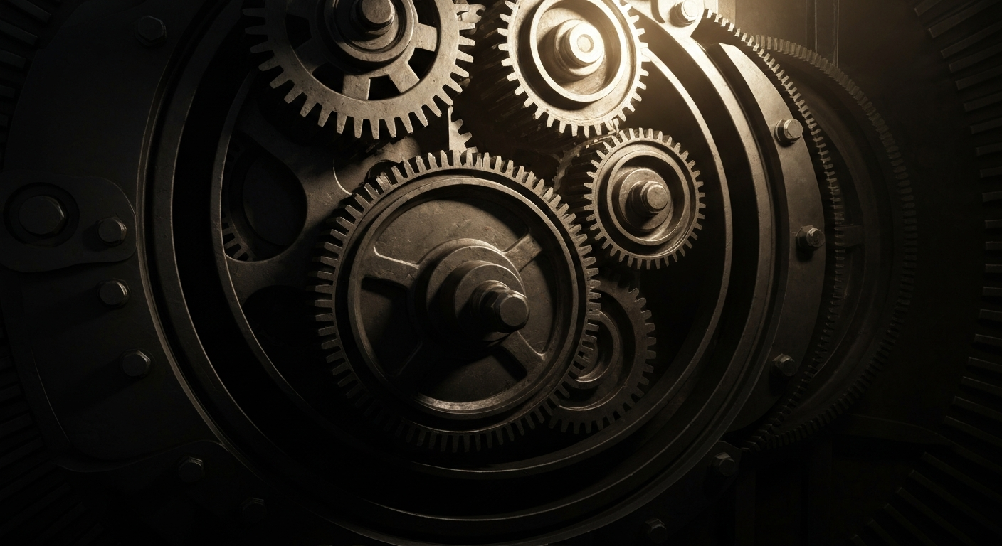 An extreme close-up of the complex inner workings of a financial machine, with gears, cogs, and other industrial components, conveying the institutional power and infrastructure of the global financial system.