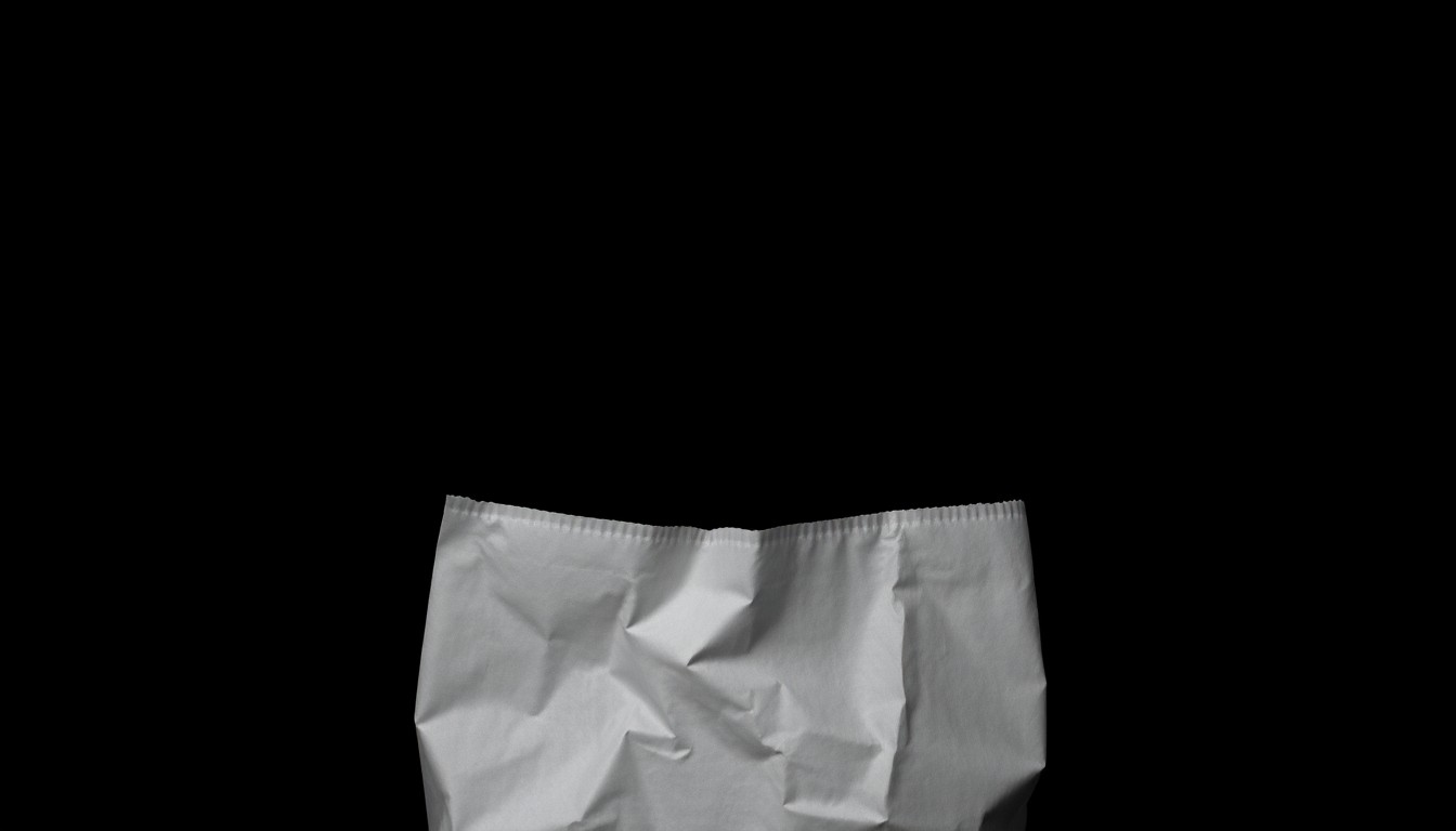 An extreme close-up of a crumpled receipt or empty shopping bag, reflecting harsh lighting and creating a stark, gritty visual that conceptually represents the investigation of a retail theft incident.