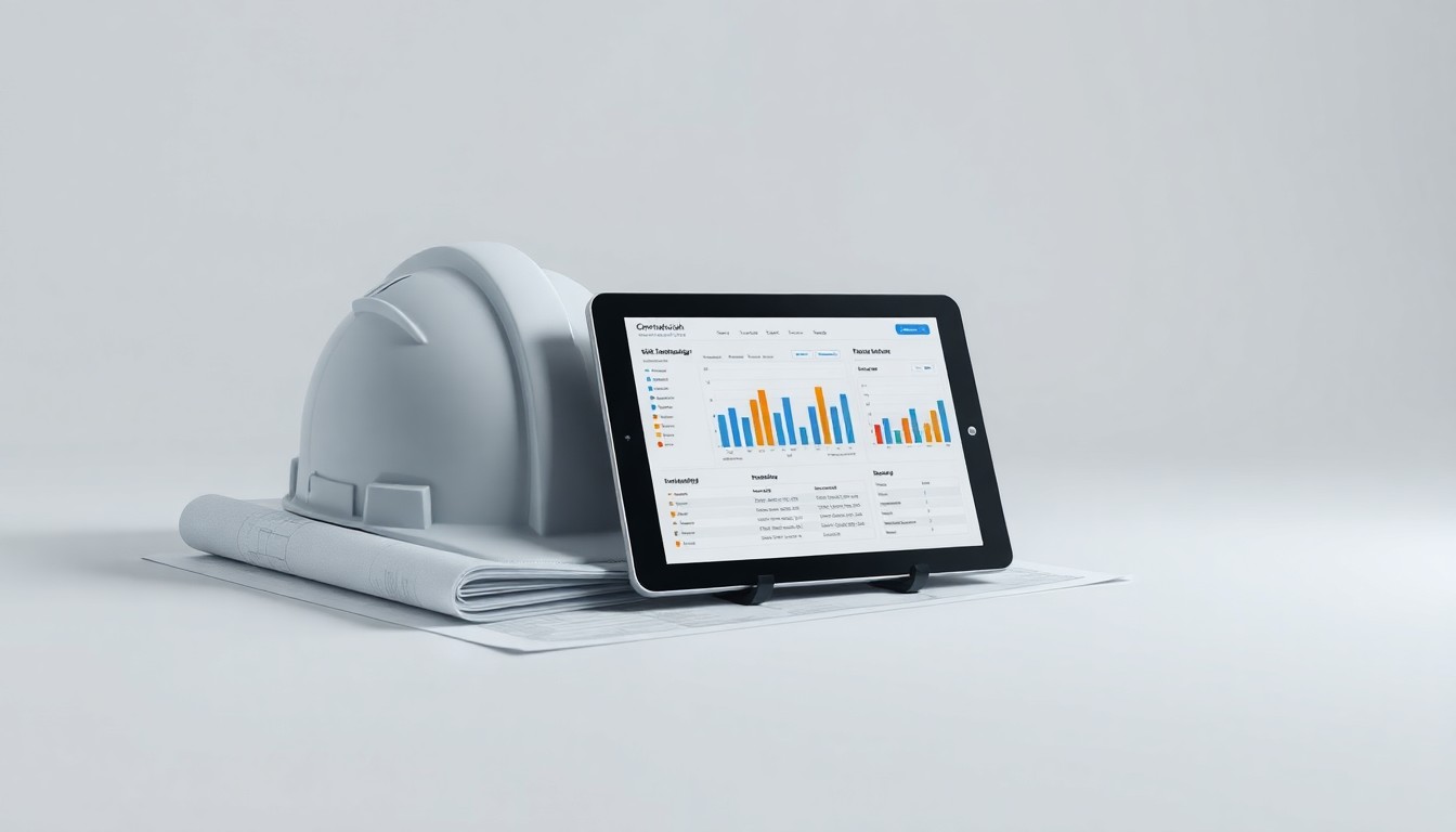 A photorealistic studio still life featuring a stack of construction blueprints, a hardhat, and a tablet displaying a risk management dashboard, symbolizing the integration of risk management into construction project oversight.