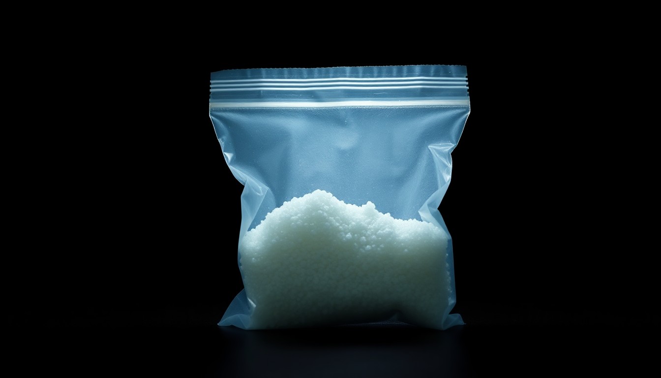 An extreme close-up of a small plastic bag containing a white crystalline substance, dramatically lit by a harsh camera flash against a dark background, conceptually representing the drug evidence seized during this arrest.