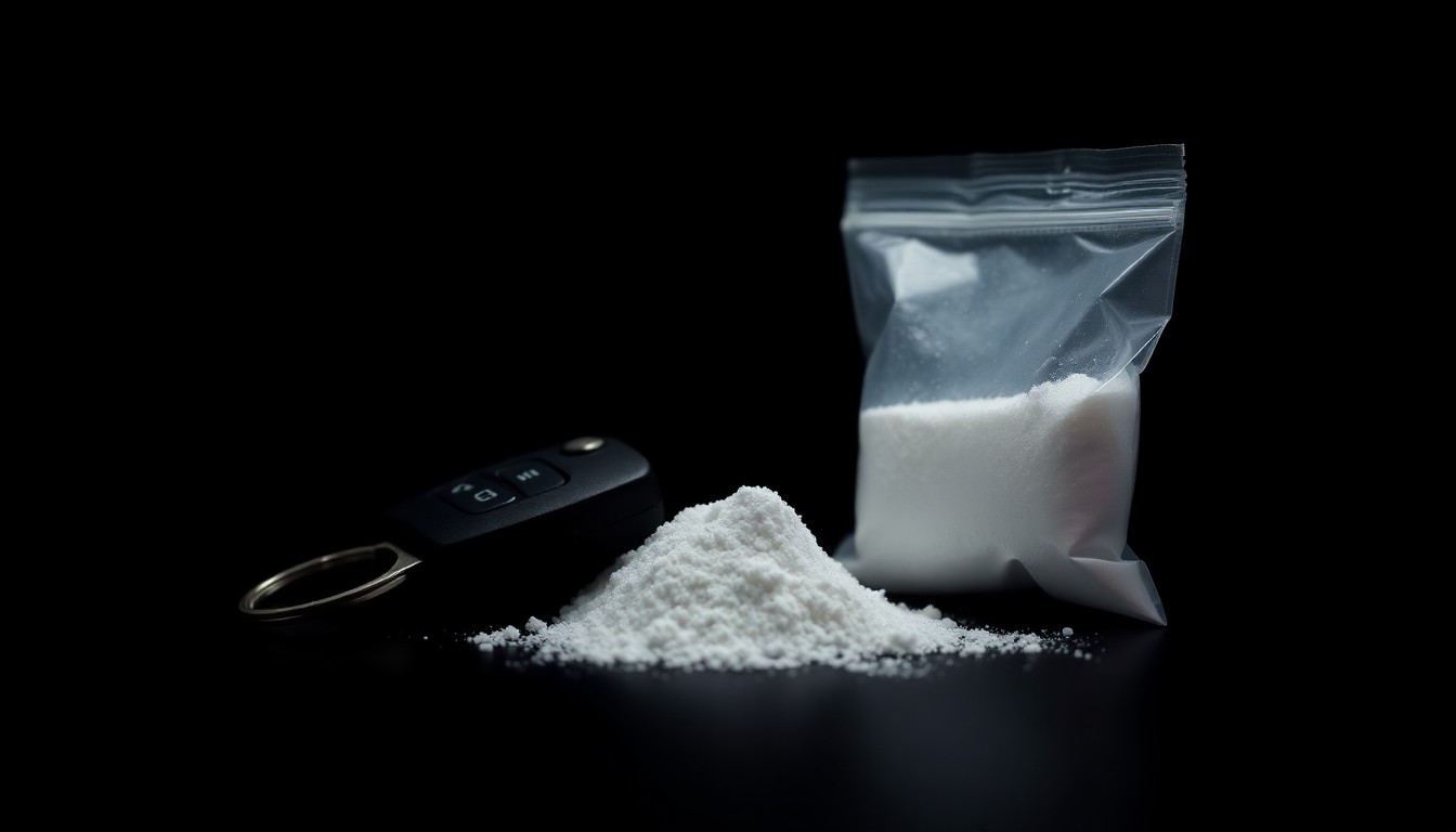An extreme close-up of a car key and a small plastic bag of white powder, starkly lit against a black background to create a gritty, investigative aesthetic.