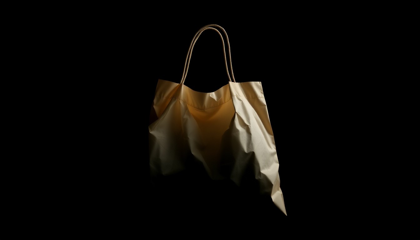 An extreme close-up photograph of a crumpled, empty shopping bag against a pitch-black background, conveying the gritty, investigative nature of the retail theft incident through dramatic lighting and minimal visual elements.