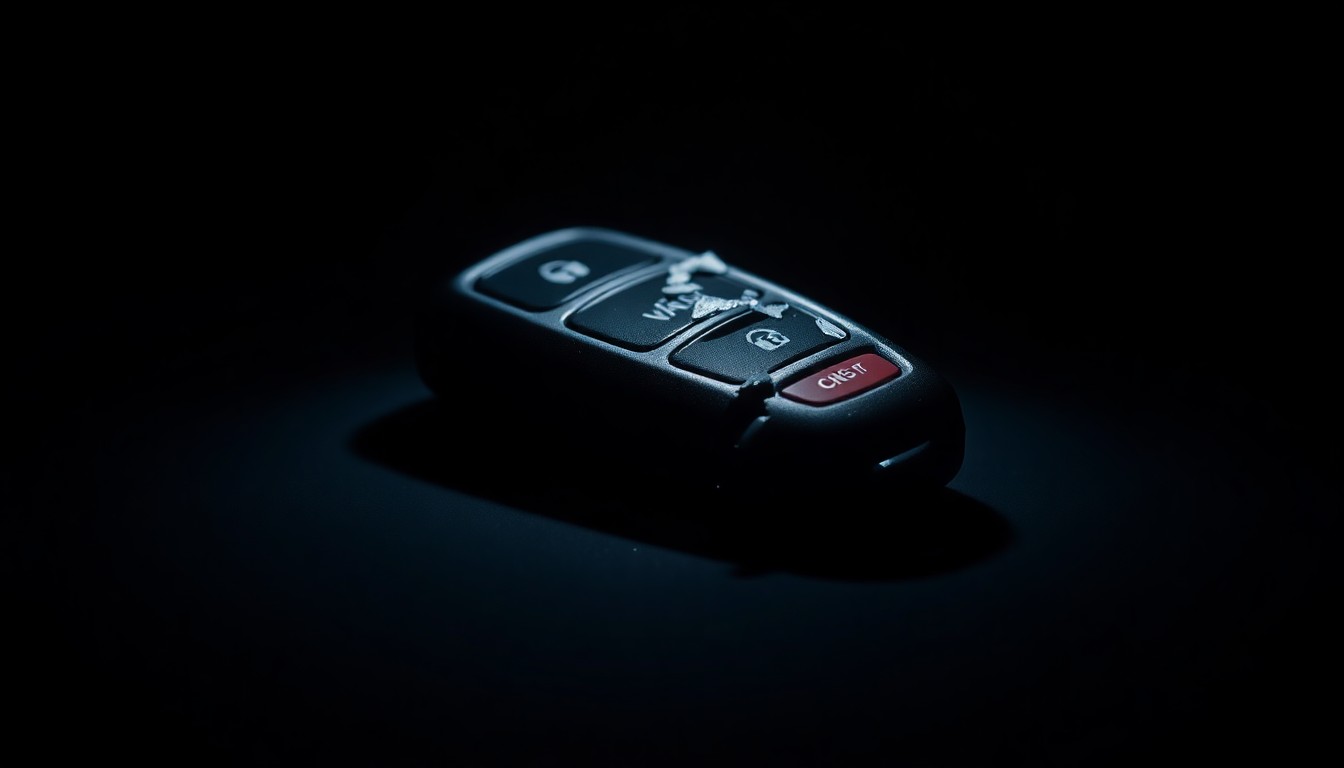 An extreme close-up photograph of a damaged car key fob, conceptually illustrating the aftermath of a vehicle theft incident.