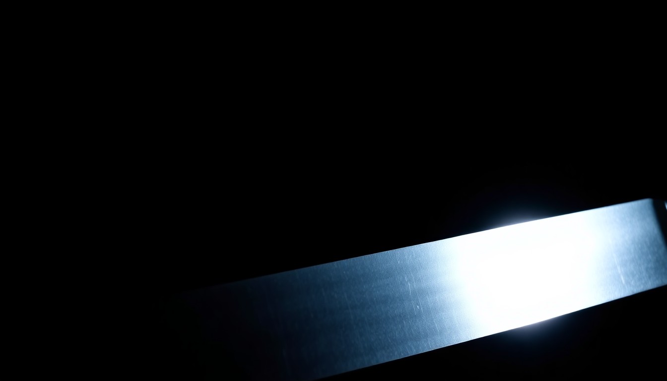 An extreme close-up photograph of a knife blade against a pitch-black background, lit by a harsh, direct camera flash, conceptually illustrating the dangerous weapon used in this incident.