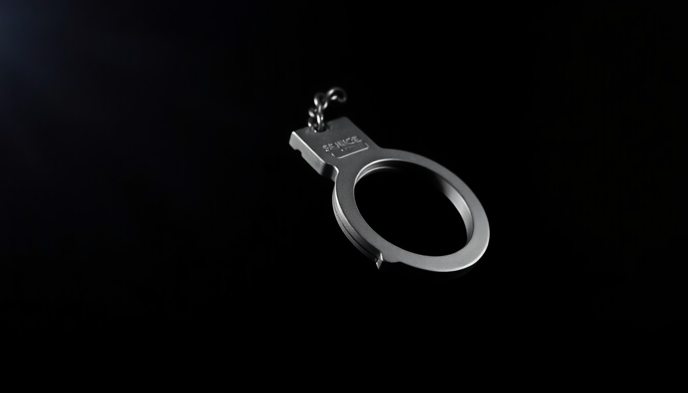 An extreme close-up photograph of a handcuff or other small piece of police evidence, sharply lit by a harsh flash against a pitch-black background, conveying a sense of the serious, gritty nature of the criminal investigation.