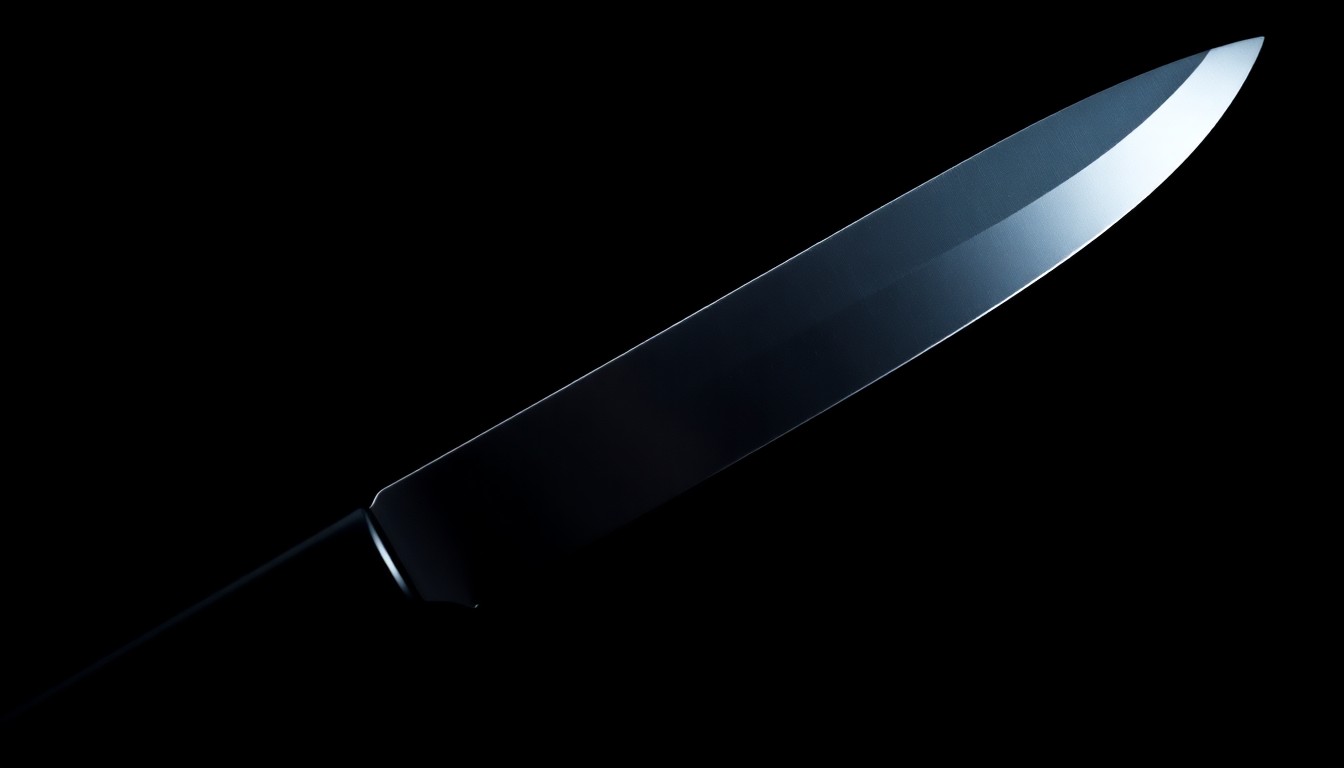 An extreme close-up of a sharp knife blade against a dark background, creating a stark, gritty, investigative aesthetic without showing any actual violence or gore.