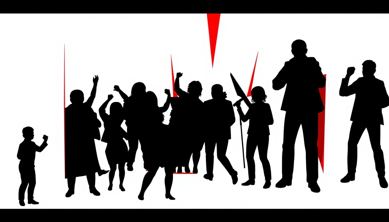 A minimalist, abstract illustration featuring bold, jagged shapes and silhouettes in high-contrast red and white, capturing the lively, celebratory atmosphere of a comedy festival.