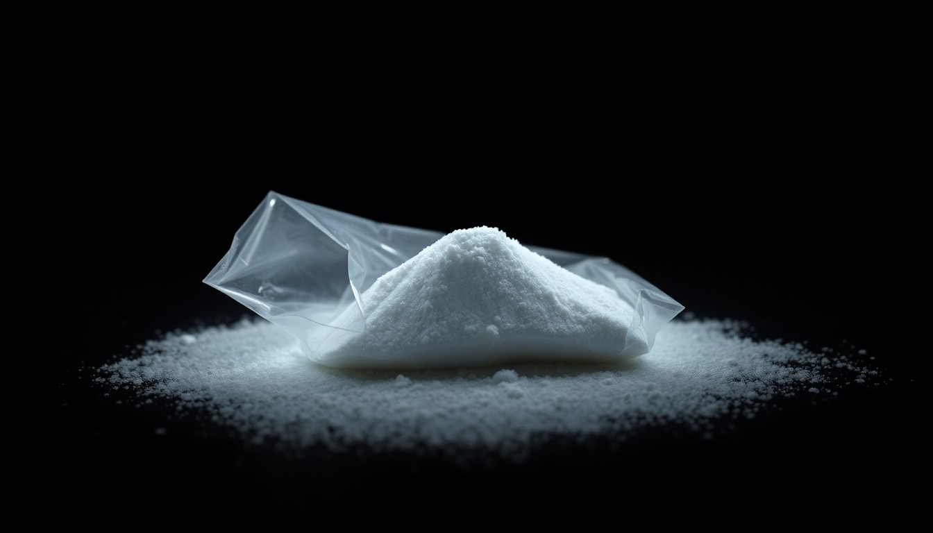 An extreme close-up photograph of a small plastic bag containing white powder, lit by a harsh, direct camera flash against a pitch-black background, conveying the stark, gritty nature of a drug-related crime scene.