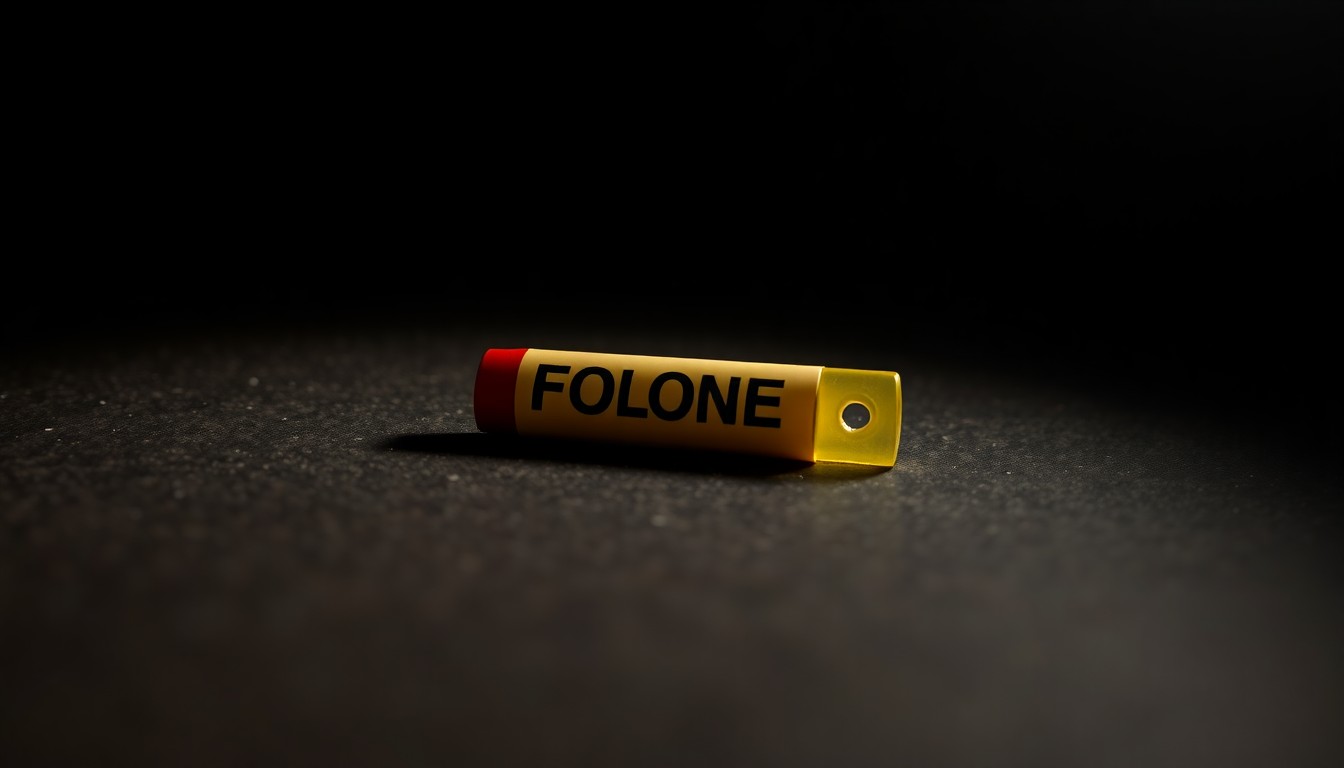 An extreme close-up photograph of a single police evidence marker on a dark, shadowy surface, lit by a harsh camera flash, conceptually illustrating the investigation into a recent homicide.