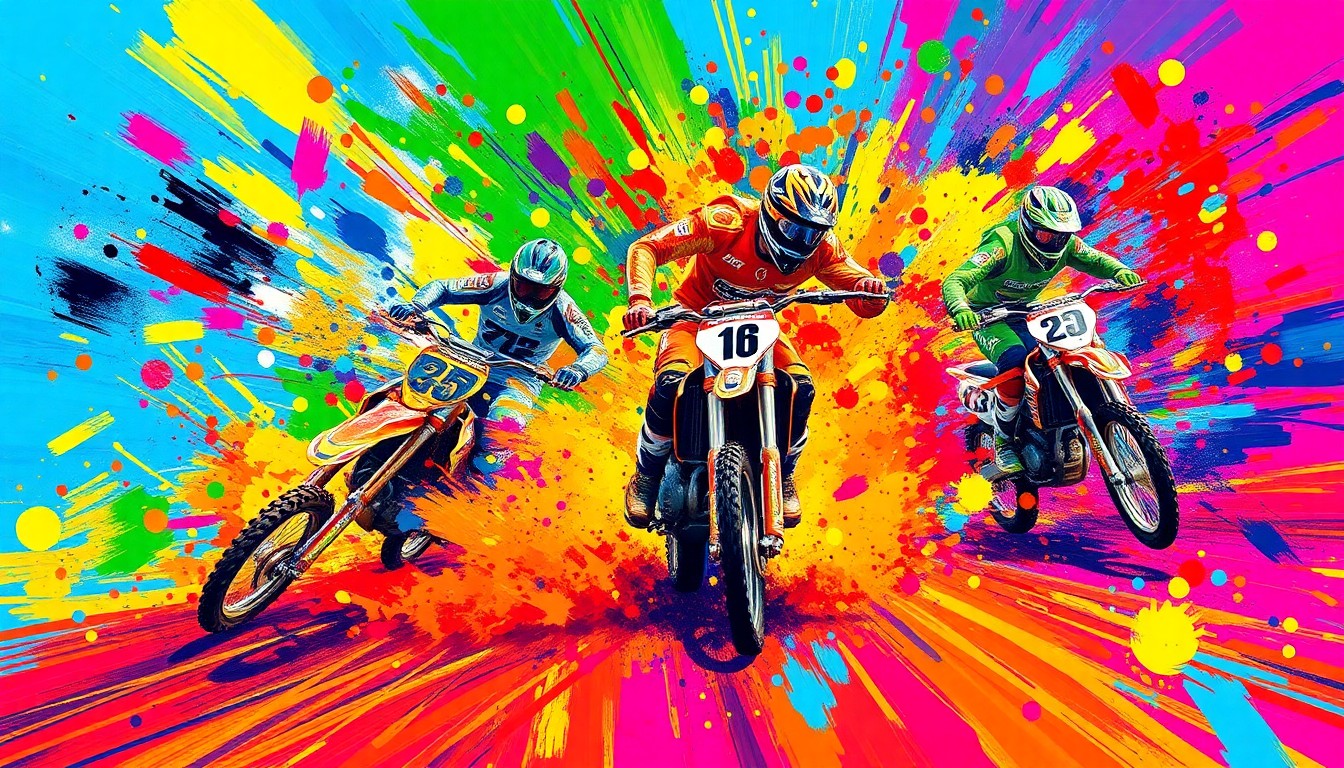 An abstract, expressionist painting in vibrant neon colors, capturing the intense motion and energy of a Supercross race, with the riders and their bikes blending into a dynamic, colorful blur.