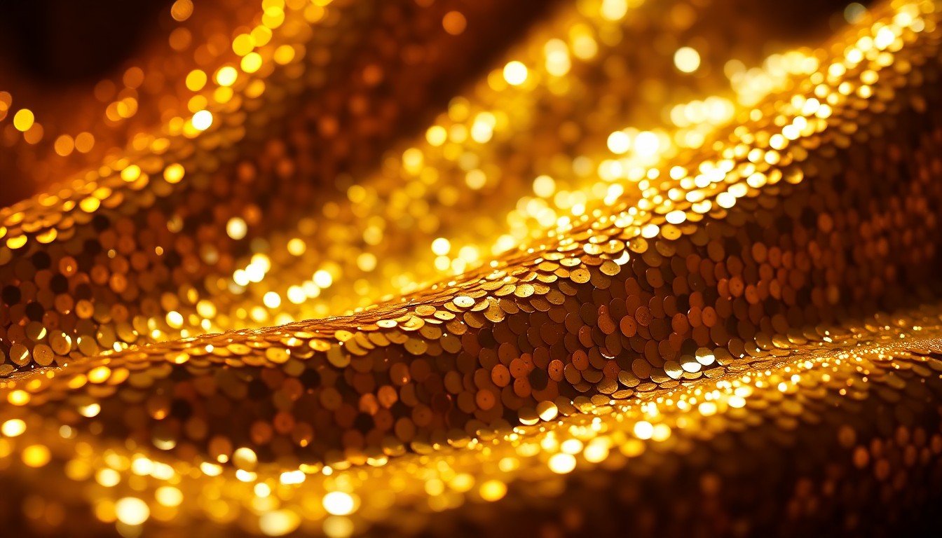 An extreme close-up photograph of shimmering gold sequins, capturing the luxurious textures and dramatic lighting of high-end fashion photography to conceptually represent the rediscovery and renewed appreciation for a forgotten musical artist.