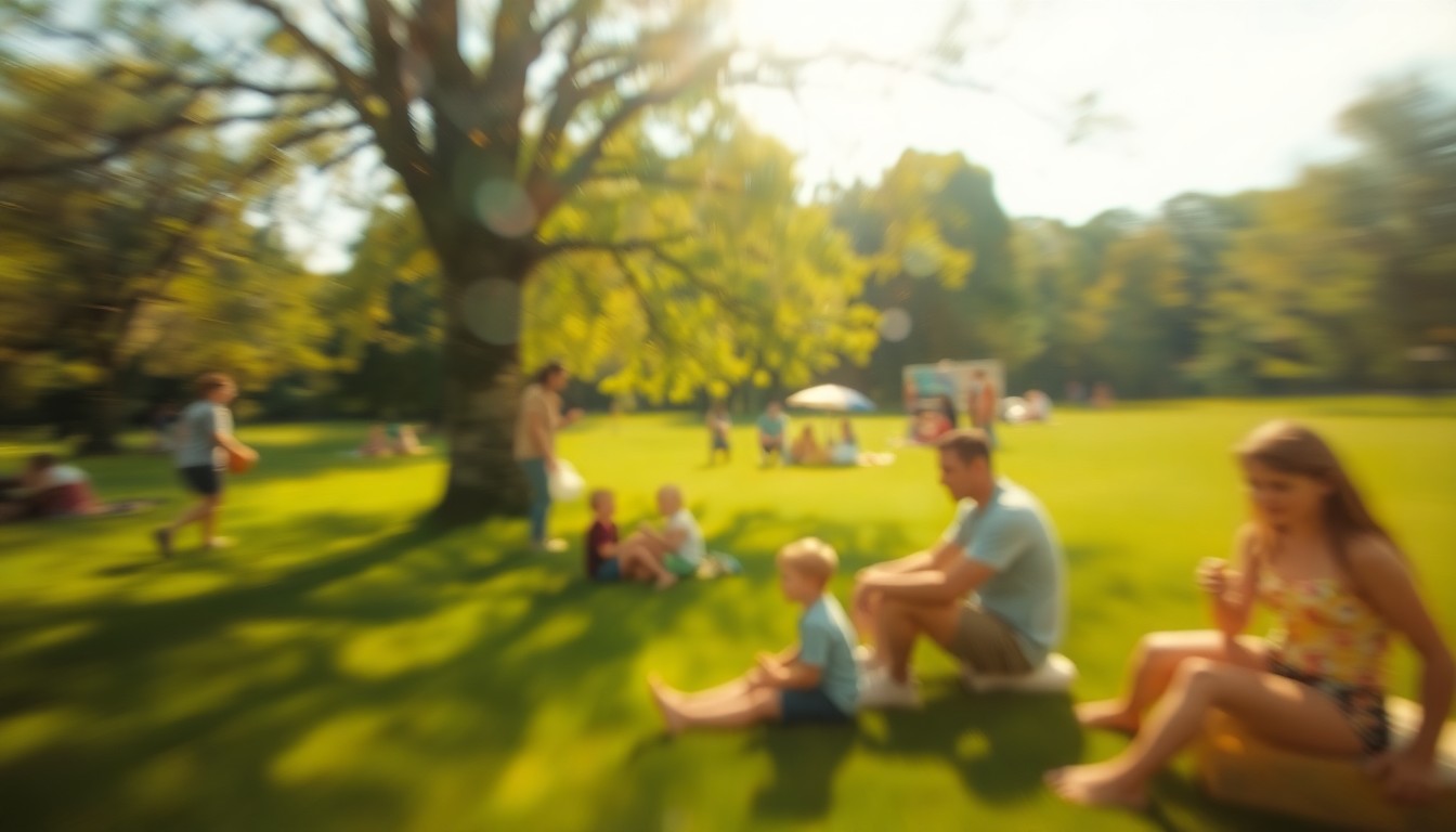 An impressionistic, out-of-focus scene of people enjoying a sunny day in a park, with soft pools of warm light and color creating a sense of tranquility and community.