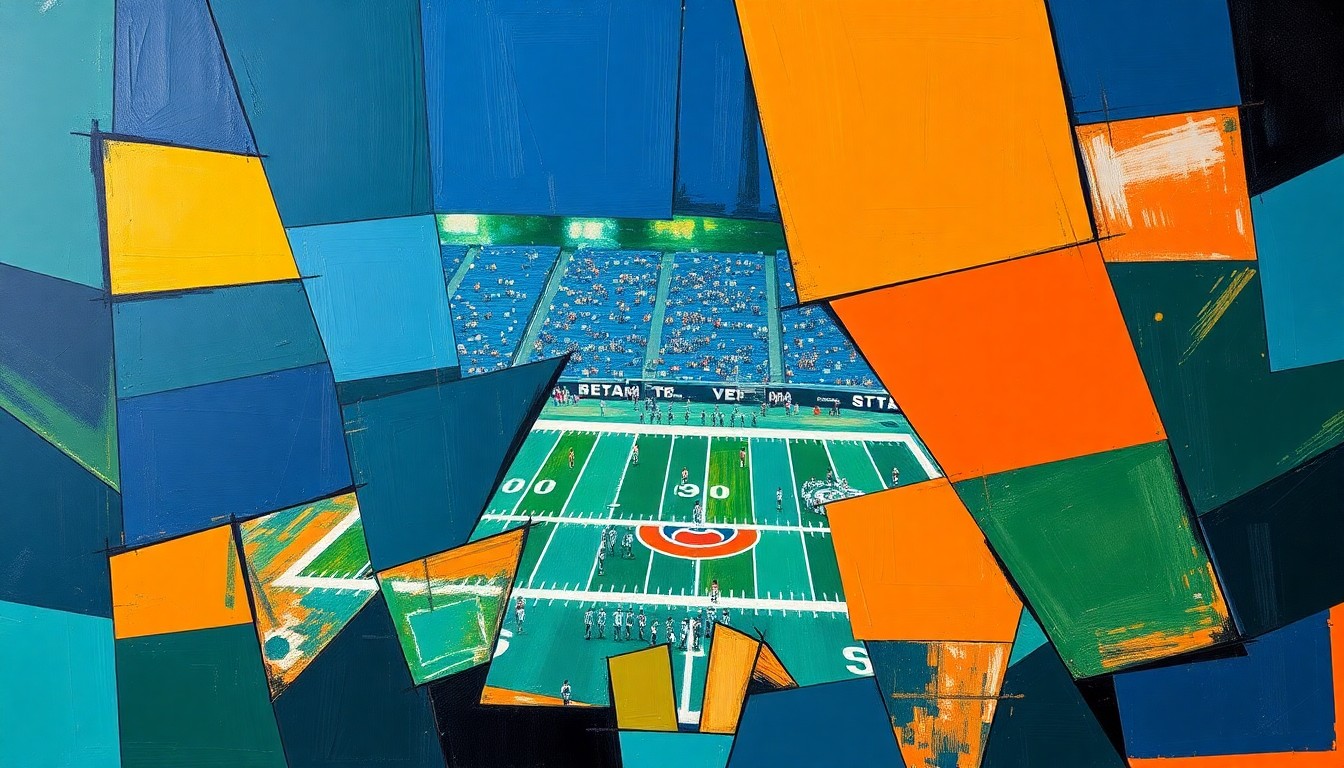 A fragmented, cubist-style painting depicting an abstract football scene, with sharp geometric shapes in navy, green, and orange overlapping to create a dynamic, multi-angled composition.