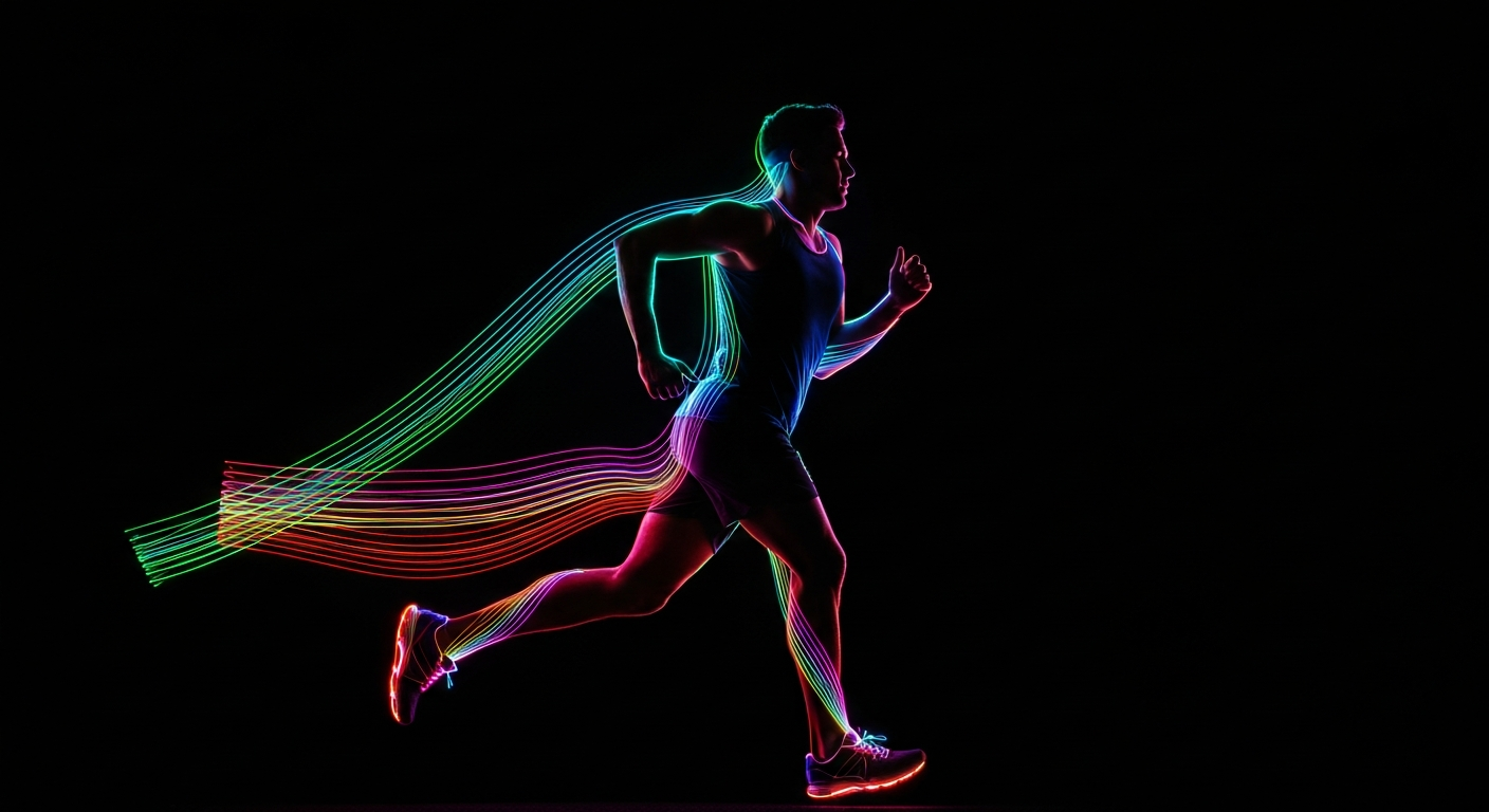 A glowing neon outline illustration of a person jogging, with vibrant lines pulsing with energy against a dark background, conceptually representing the active energy and movement of an exercise campaign.