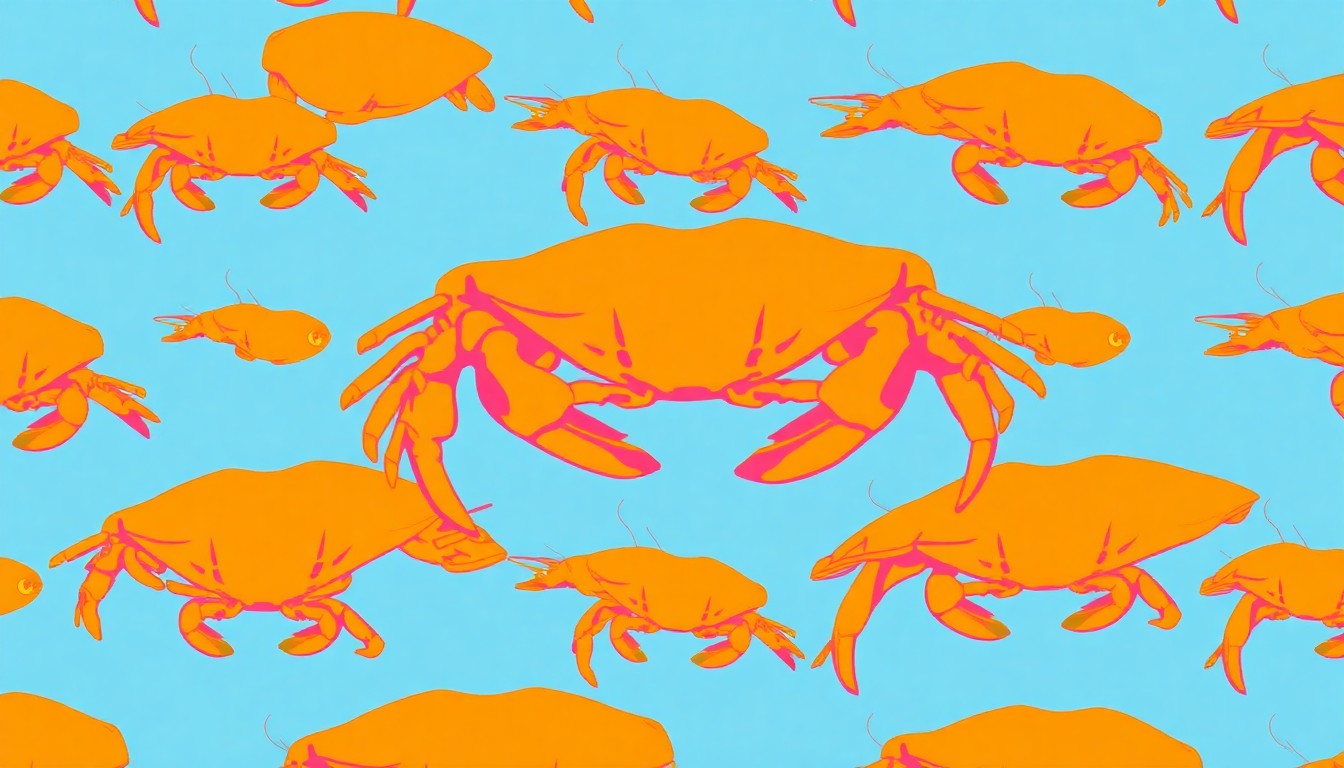 A high-contrast, silkscreen-style illustration featuring a repeated image of a single, iconic seafood item, such as a crab or shrimp, in a grid pattern with bold, neon-inspired colors and heavy black outlines, conceptually representing the diverse and flavorful seafood offerings found in Myrtle Beach's thriving restaurant scene.