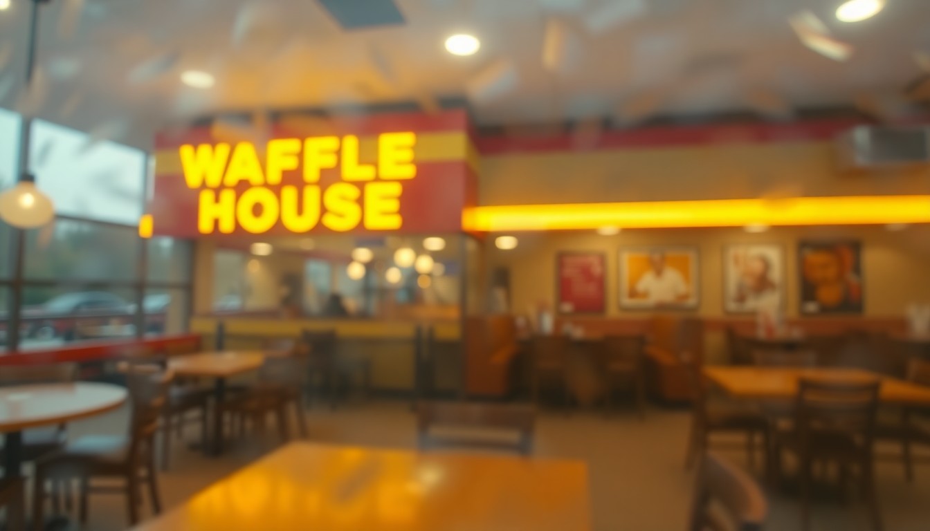 An abstract, impressionistic scene of a Waffle House interior, with blurred and softened shapes and colors suggesting the warm, cozy atmosphere of the 24-hour diner.