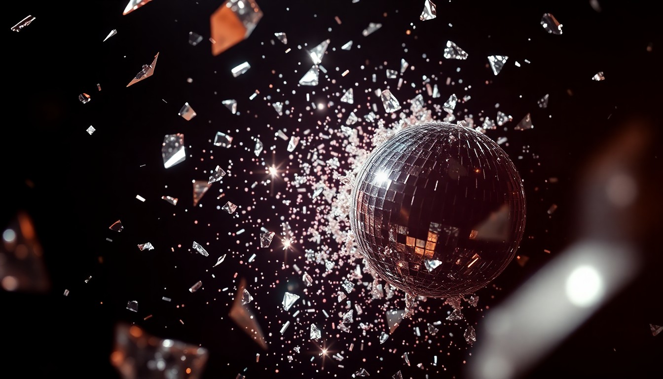 An extreme close-up photograph of shattered mirrored glass fragments reflecting bright, sparkling light, conceptually representing the high-energy, glamorous atmosphere of an electronic dance music event.