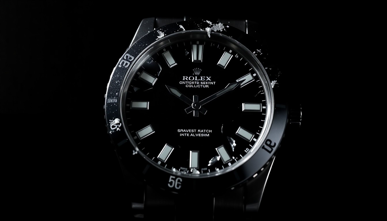 An extreme close-up of a shattered Rolex watch face reflecting a bright flash of light, conceptually illustrating the violent robbery of valuable jewelry.
